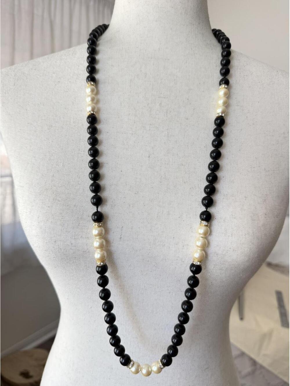 Long Black Bead Faux Pearl Rhinestone Statement Necklace